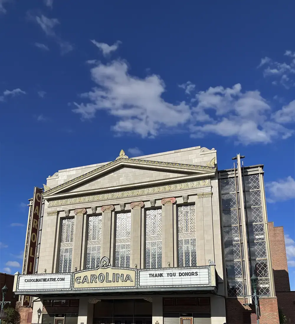 The Carolina Theatre exterior on South Greene Street in downtown Greensboro